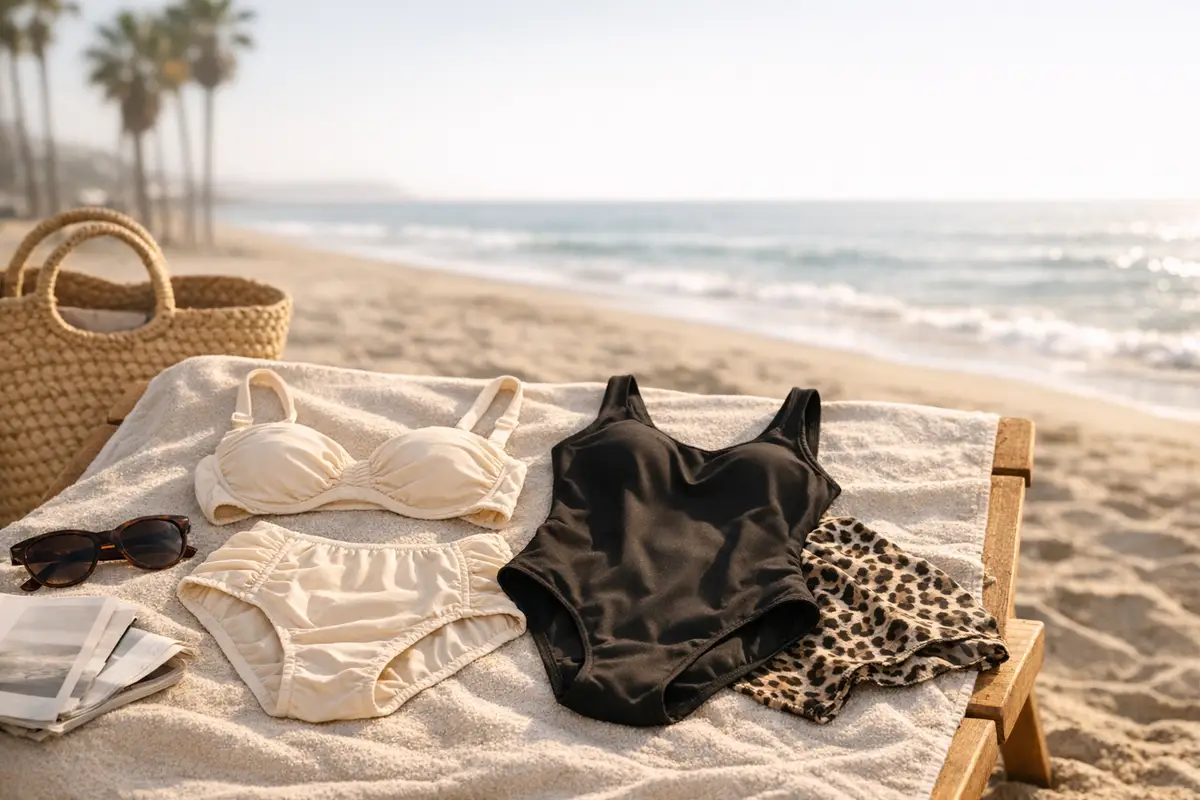 Costumi da bagno su telo in spiaggia: bikini crema arricciato, intero nero e dettaglio leopardato al tramonto