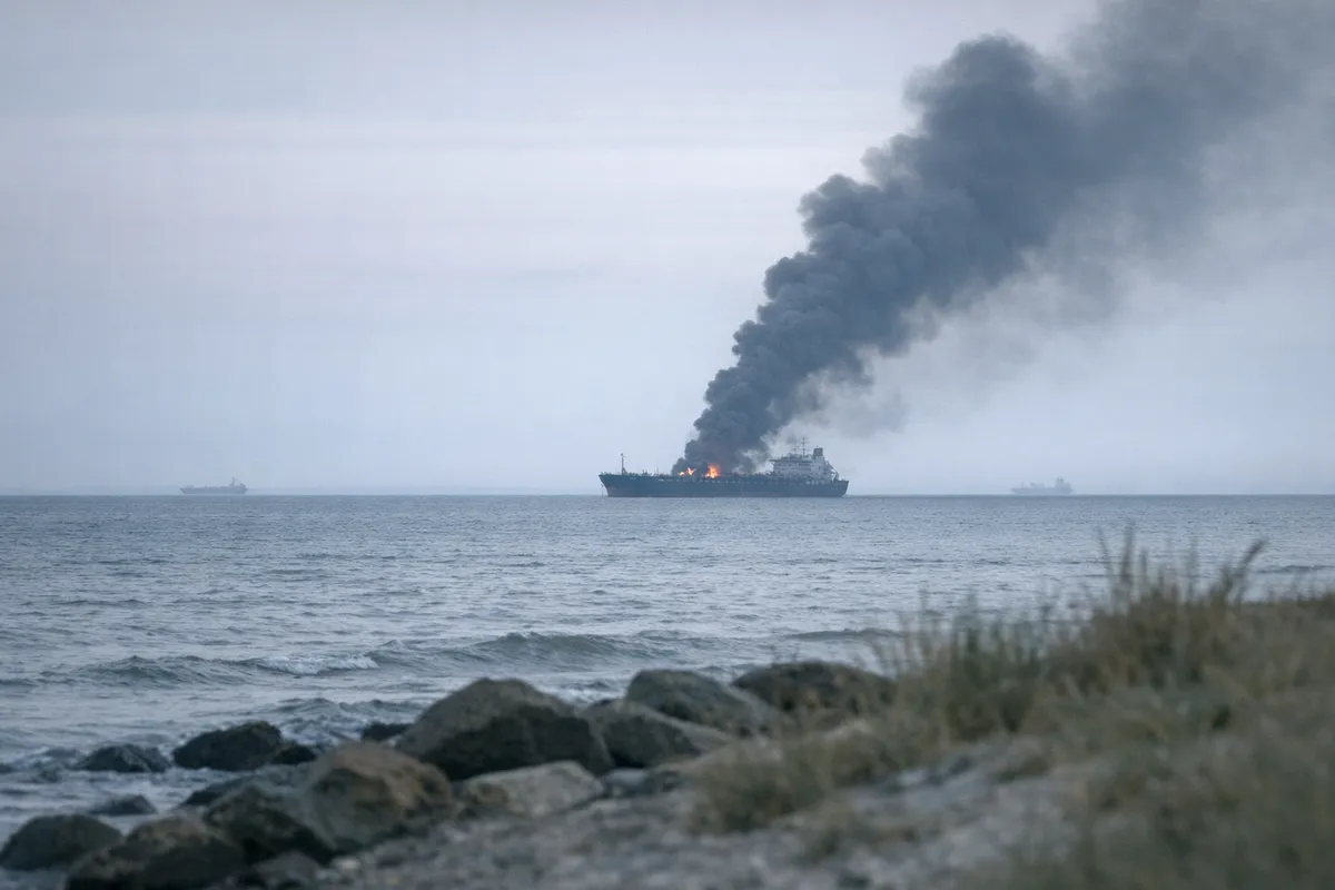 Petroliera in mare con colonna di fumo nero e fiamme sul ponte, vista dalla riva con rocce in primo piano