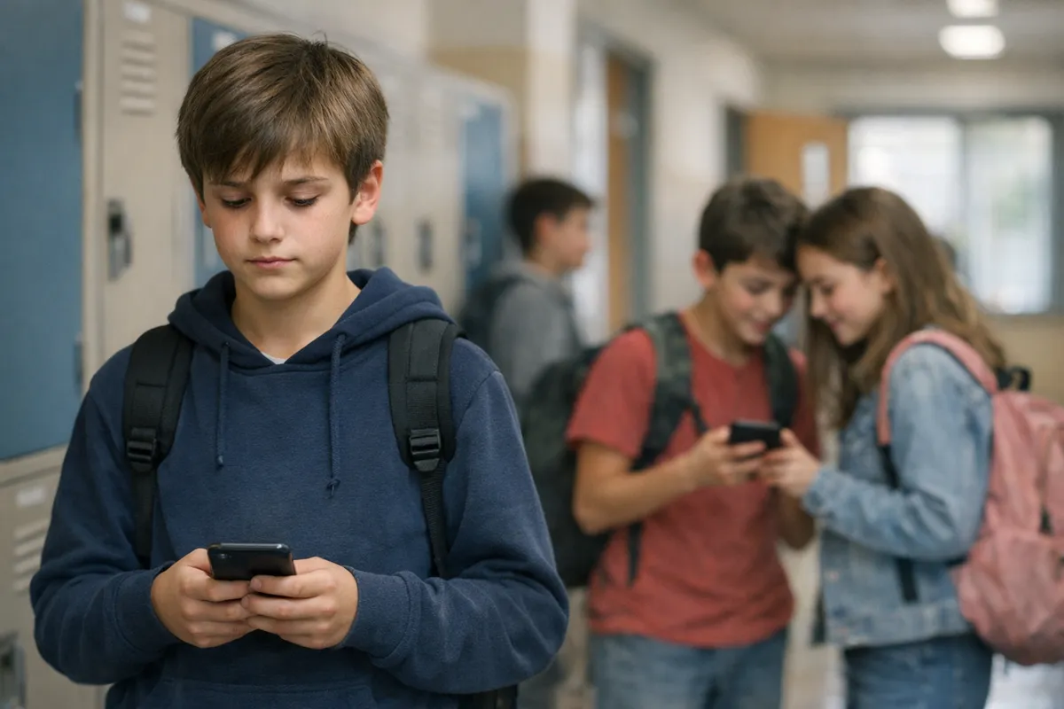 Ragazzo con zaino guarda lo smartphone in corridoio scolastico, mentre due compagni dietro osservano un telefono