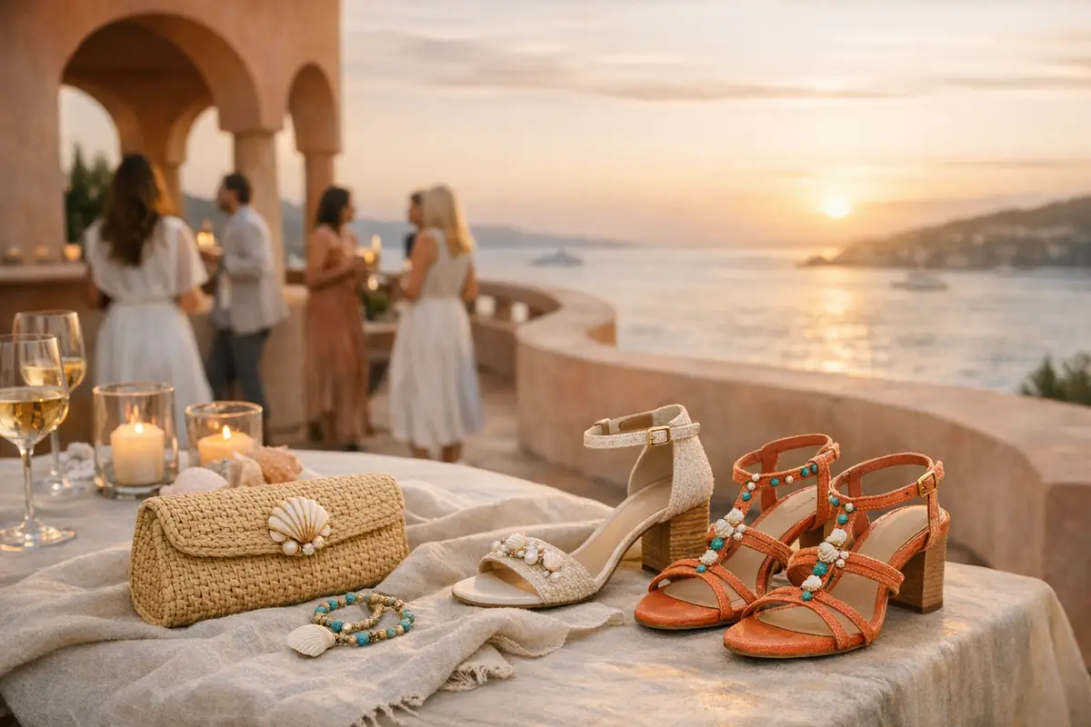 Sandali con dettagli gioiello e clutch in rafia su tavolo in lino, terrazza sul mare al tramonto con ospiti sfocati