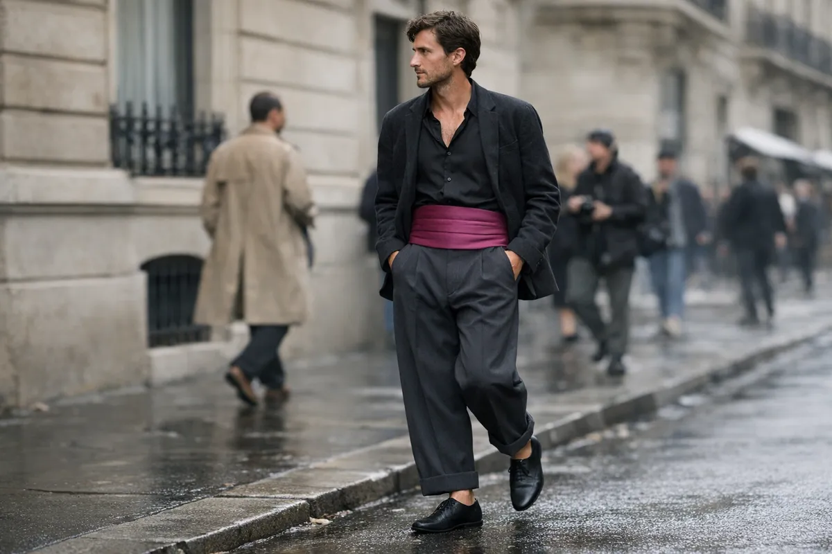 Uomo in street style con cummerbund prugna sopra camicia scura, pantaloni ampi con risvolto e stringate nere su marciapiede