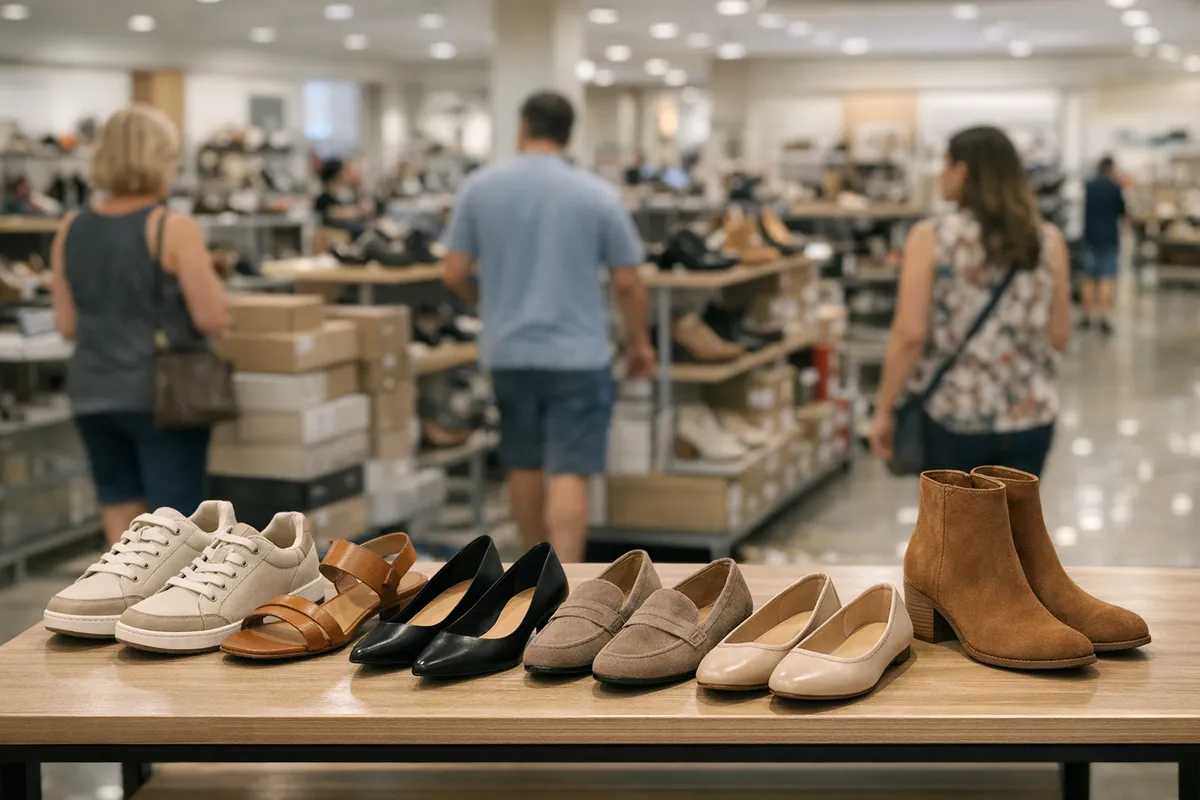 Tavolo espositivo con sneaker, sandali, décolleté, mocassini, ballerine e stivaletti in un negozio di scarpe