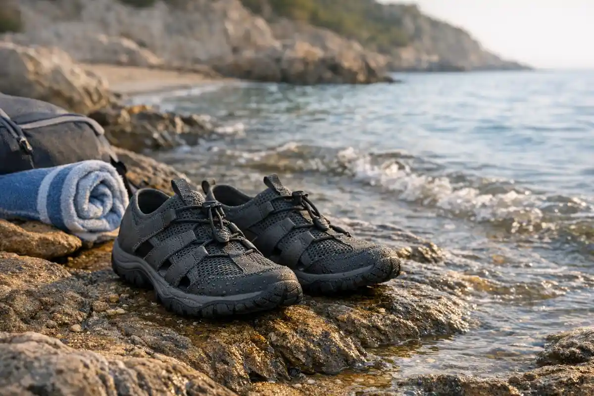 Scarpe da acqua nere su scogli bagnati in riva al mare, con zaino e asciugamano arrotolato sullo sfondo