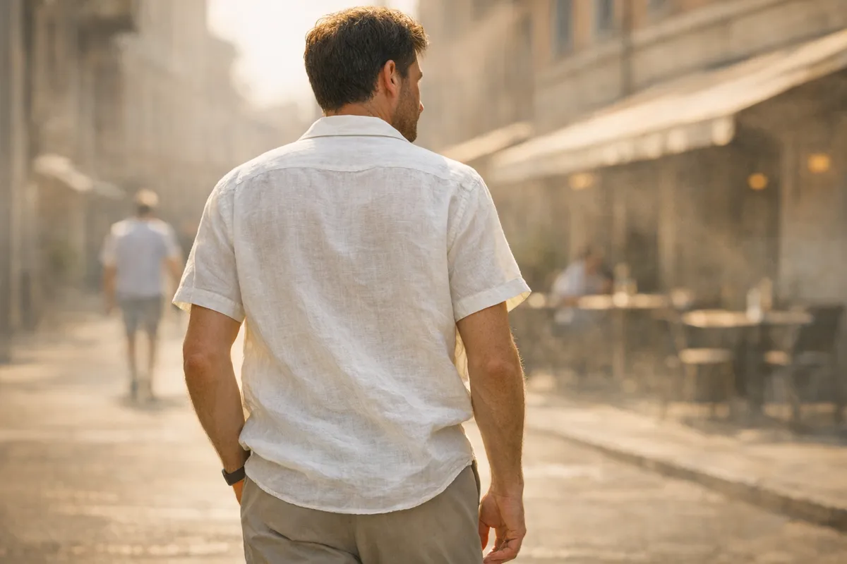 Uomo di spalle in camicia di lino chiara a maniche corte che cammina in città al sole estivo