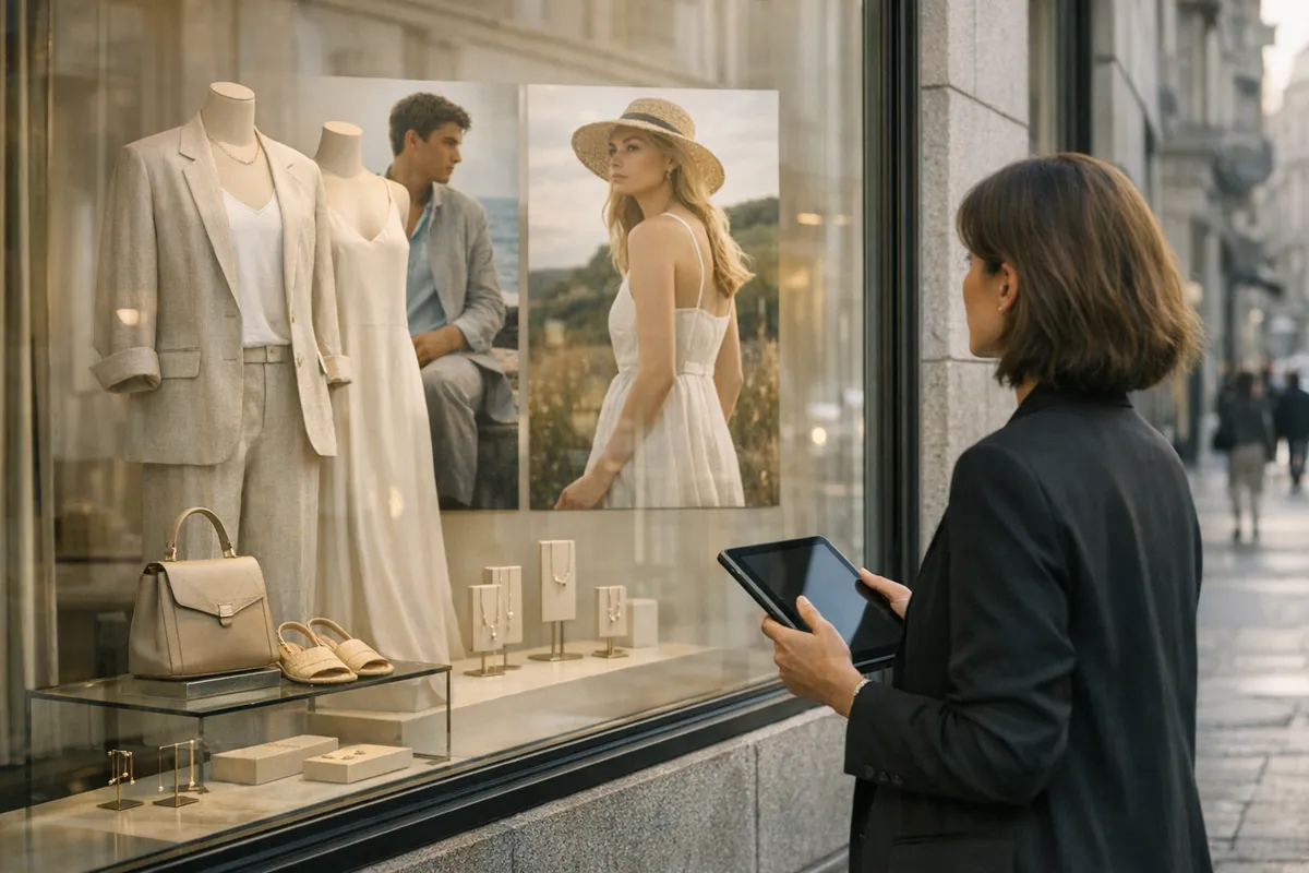Donna con tablet osserva la vetrina di una boutique con manichini in lino e abito bianco, accessori e foto campagna
