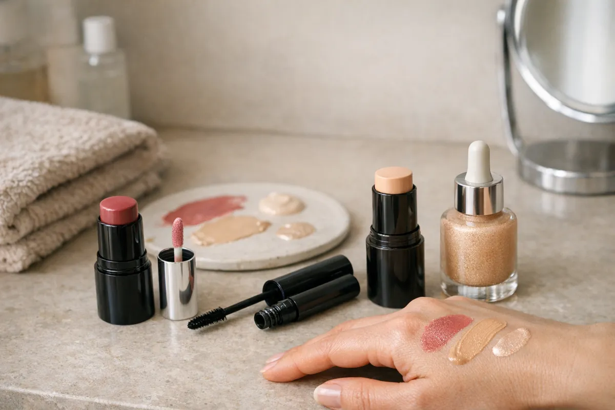 Prodotti make-up su un piano bagno con swatch su mano e palette, accanto a asciugamano e specchio