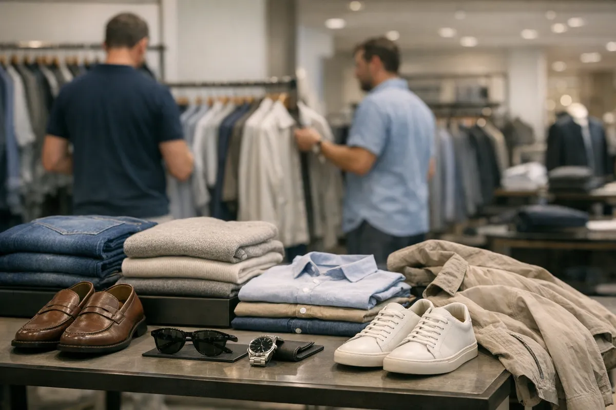 Espositore moda uomo con jeans e maglie piegate, camicie, sneakers bianche e mocassini; clienti sfocati in negozio
