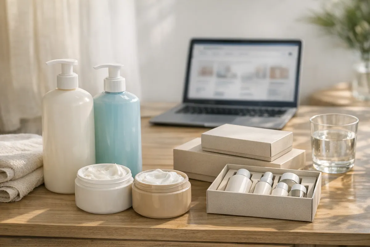 Prodotti body care in maxi formati e kit skincare su un tavolo, con laptop sfocato e bicchiere d’acqua