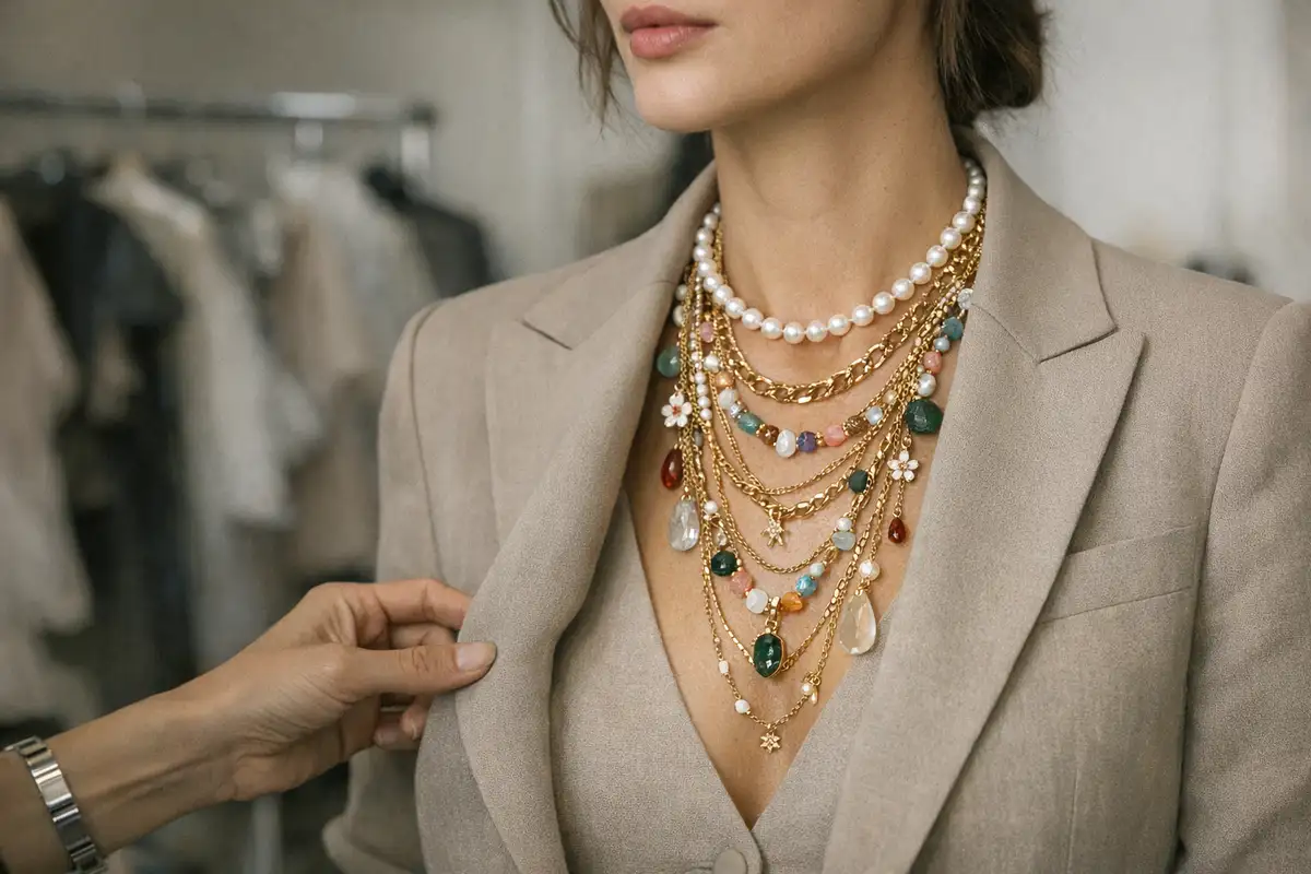 Dettaglio di blazer beige con molte collane sovrapposte: perle, catene d’oro e pietre colorate