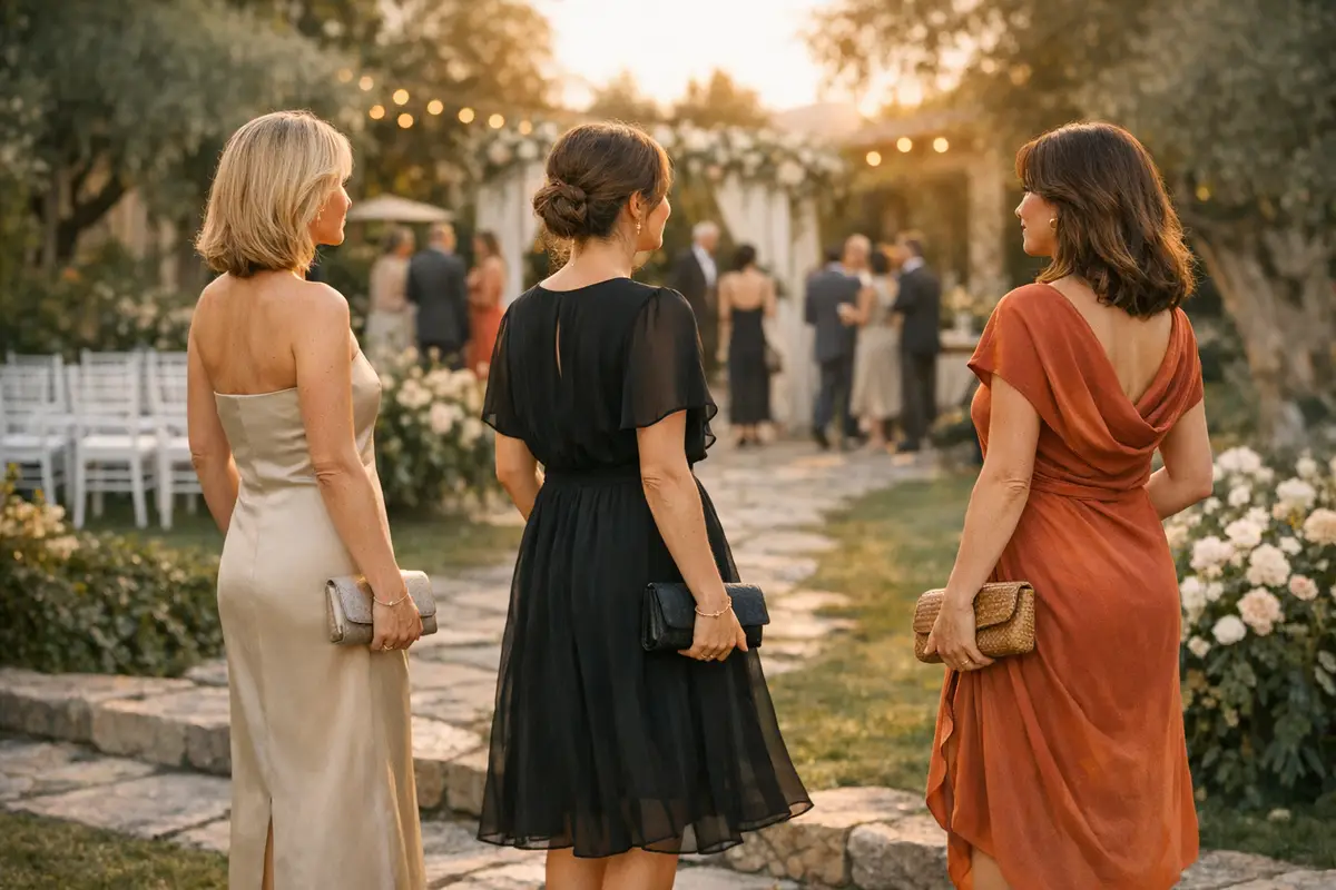 Tre invitate a un matrimonio in giardino al tramonto, in abiti oro, nero e terracotta, con clutch in mano