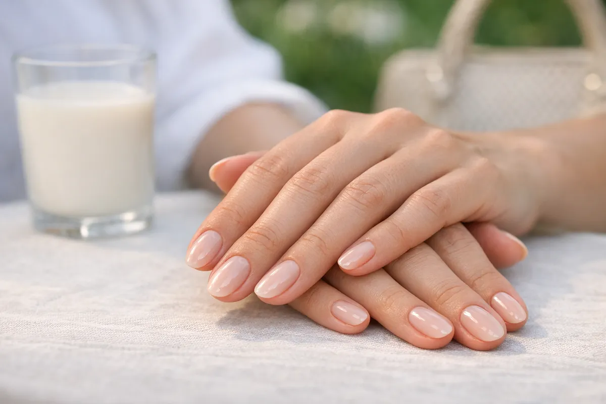 Mani con manicure nude lattiginosa lucida su tovaglia di lino, con bicchiere di latte sfocato sullo sfondo