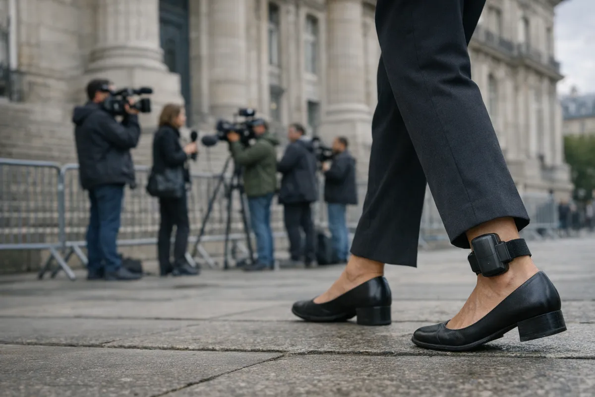 Caviglia con braccialetto elettronico davanti a un tribunale, con giornalisti e telecamere sullo sfondo