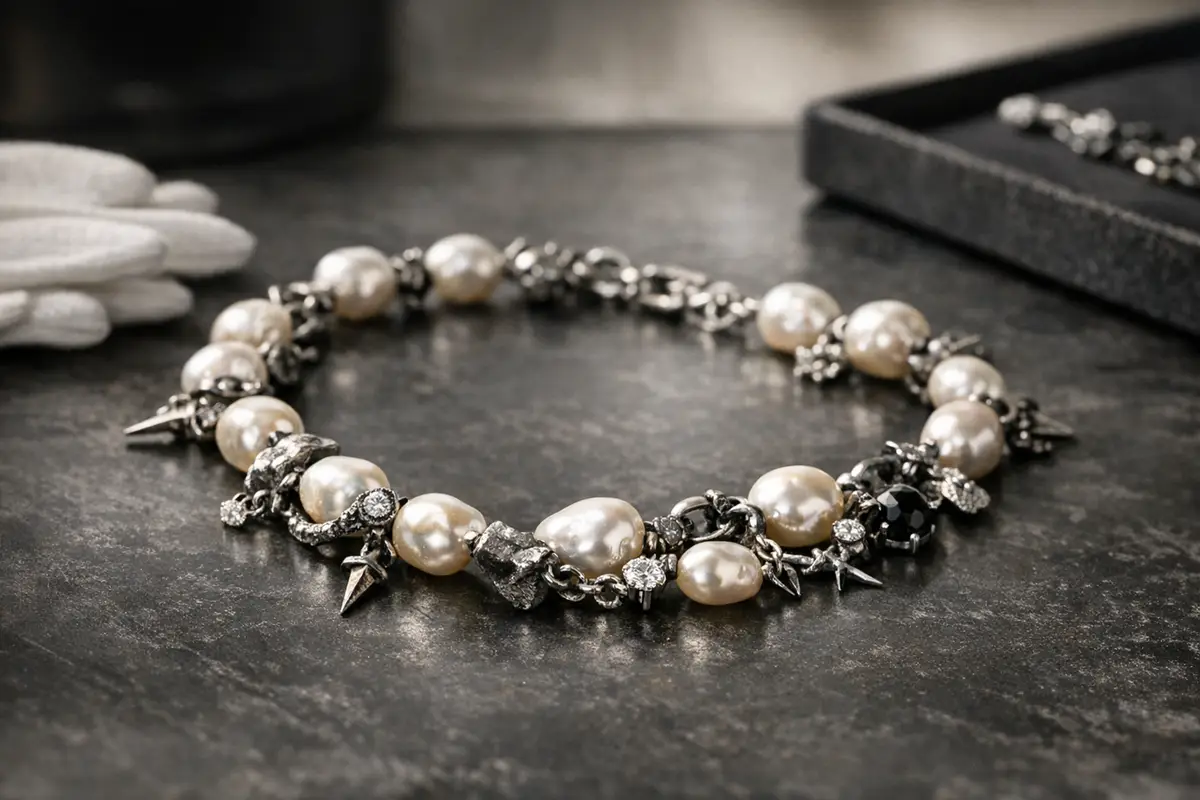 Collana di perle irregolari con dettagli in argento, punte e pietre scure su superficie nera, con guanti e vassoio sfocati