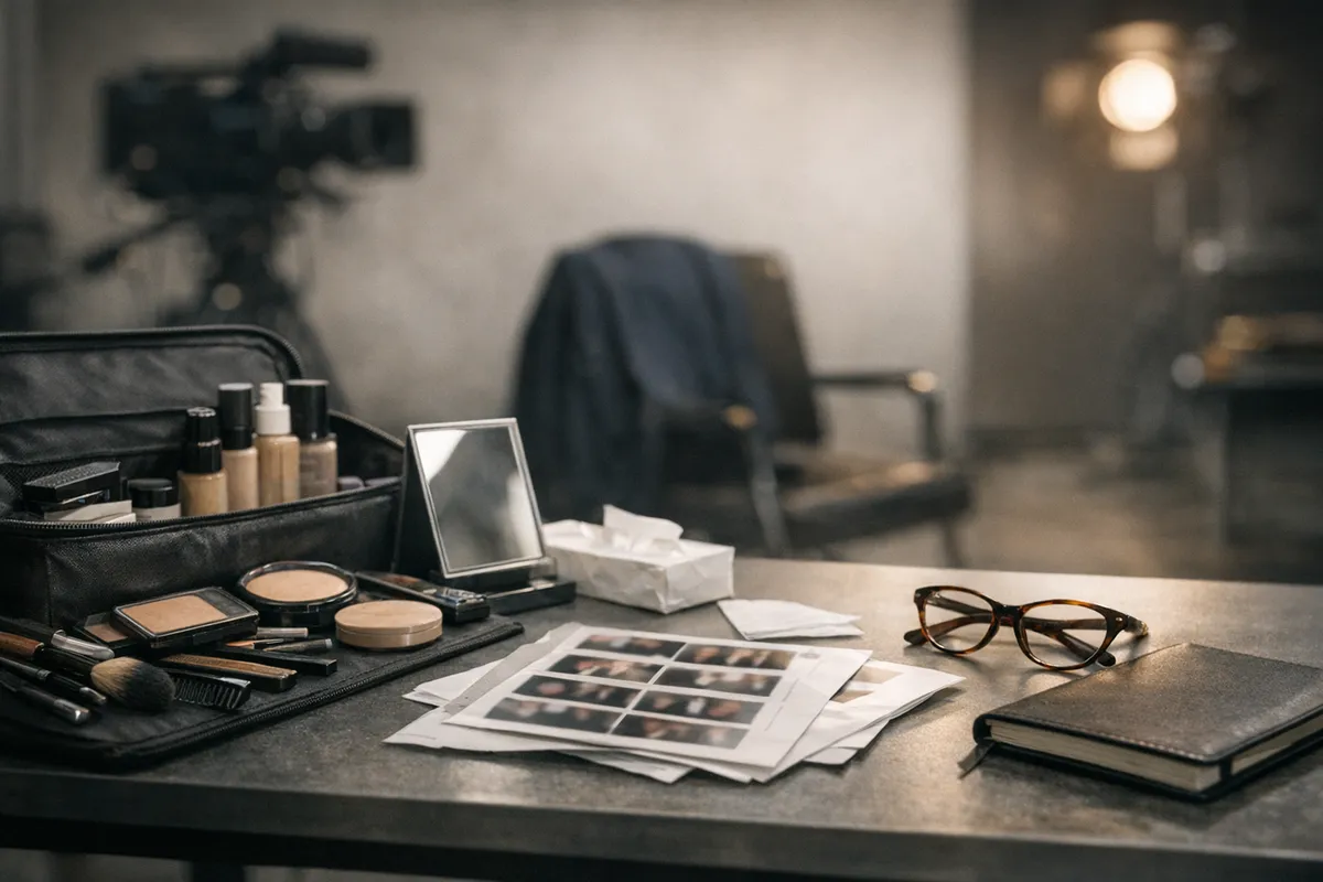 Tavolo con beauty case da trucco aperto, fogli fotografici, occhiali e taccuino; sullo sfondo una telecamera e una giacca