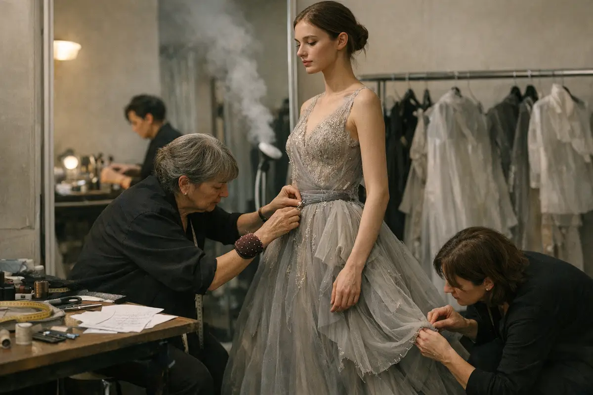 Model in abito couture grigio mentre due sarte sistemano vita e orlo nel backstage, con abiti appesi sullo sfondo