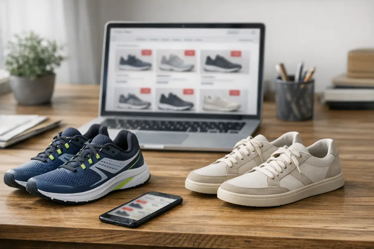 Due paia di sneakers su una scrivania con laptop aperto su offerte online e smartphone