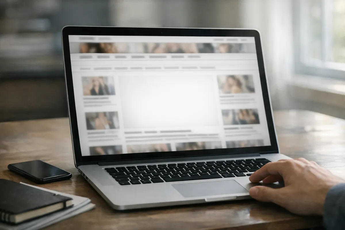 Laptop su una scrivania con pagina web sfocata e area centrale vuota, mano sul trackpad e smartphone accanto