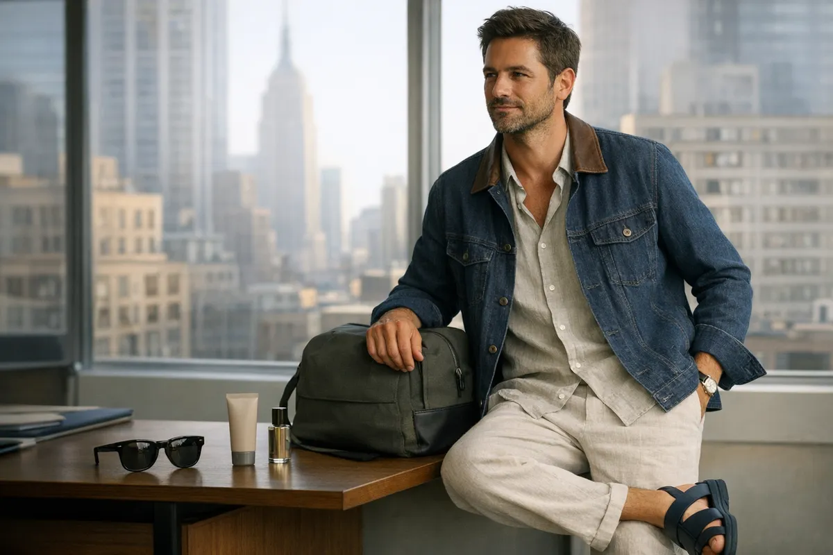 Uomo in ufficio vicino alla finestra con giacca di jeans, pantaloni chiari e sandali; su scrivania occhiali, crema e profumo