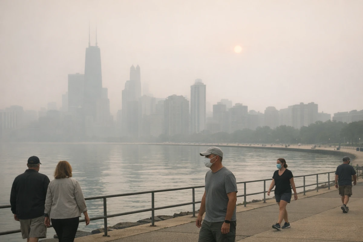 Passeggiata sul lungolago con persone e mascherine, skyline urbano offuscato da fumo e sole pallido