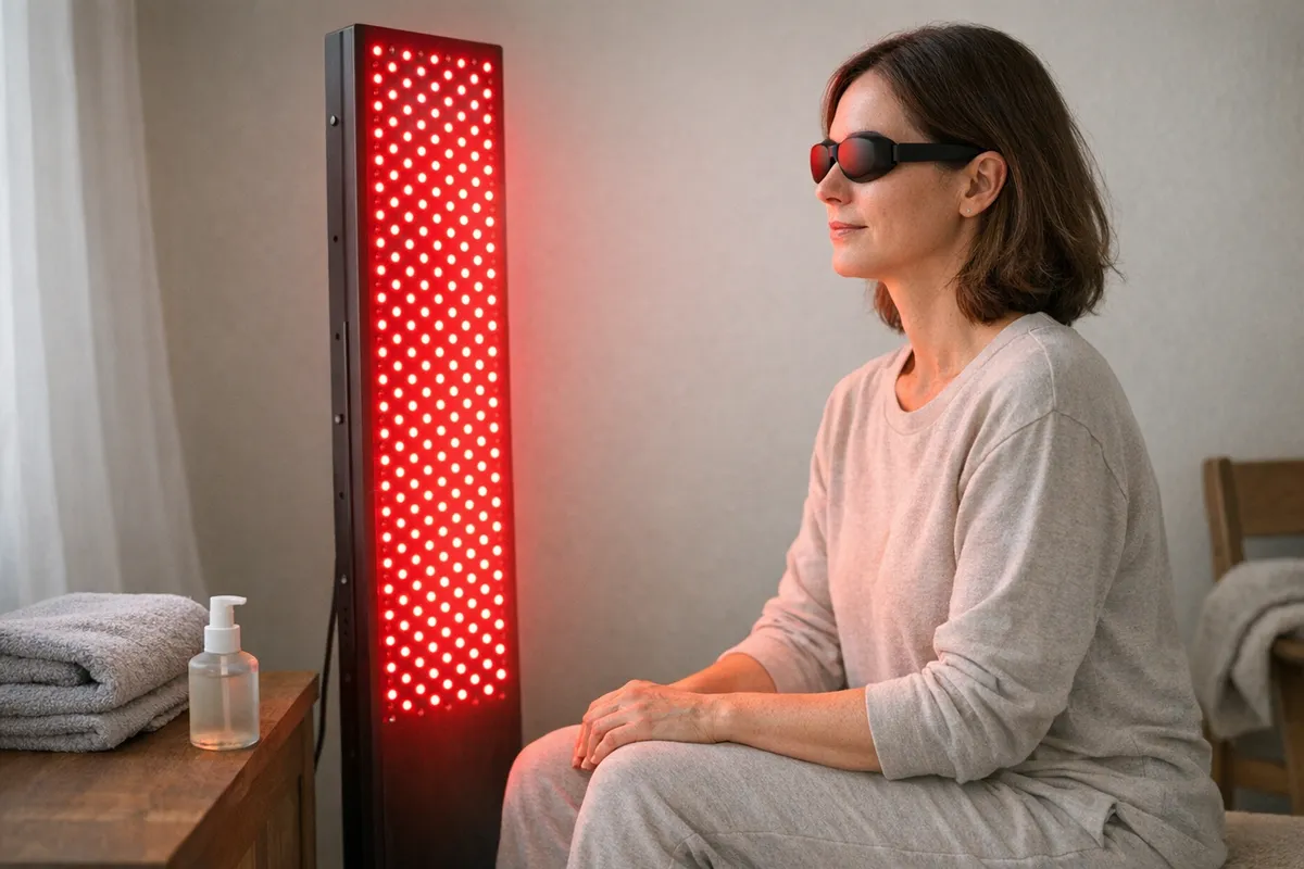 Donna seduta con occhiali protettivi davanti a un pannello LED a luce rossa in un ambiente domestico