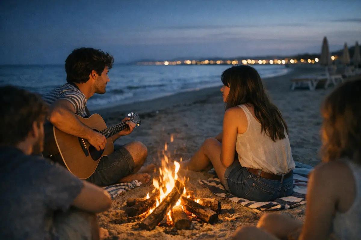 Ragazzi seduti in spiaggia al crepuscolo attorno a un falò, con un giovane che suona la chitarra di fronte a una ragazza