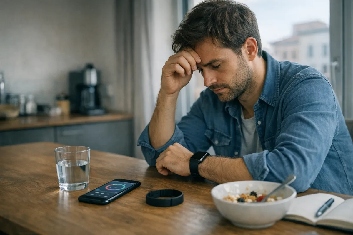 Uomo seduto al tavolo guarda lo smartwatch con aria preoccupata, accanto a telefono con grafico, acqua e colazione