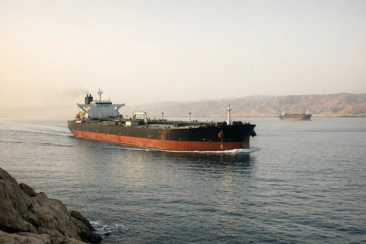 Petroliera di greggio in navigazione su mare calmo con costa arida sullo sfondo e una seconda nave in lontananza