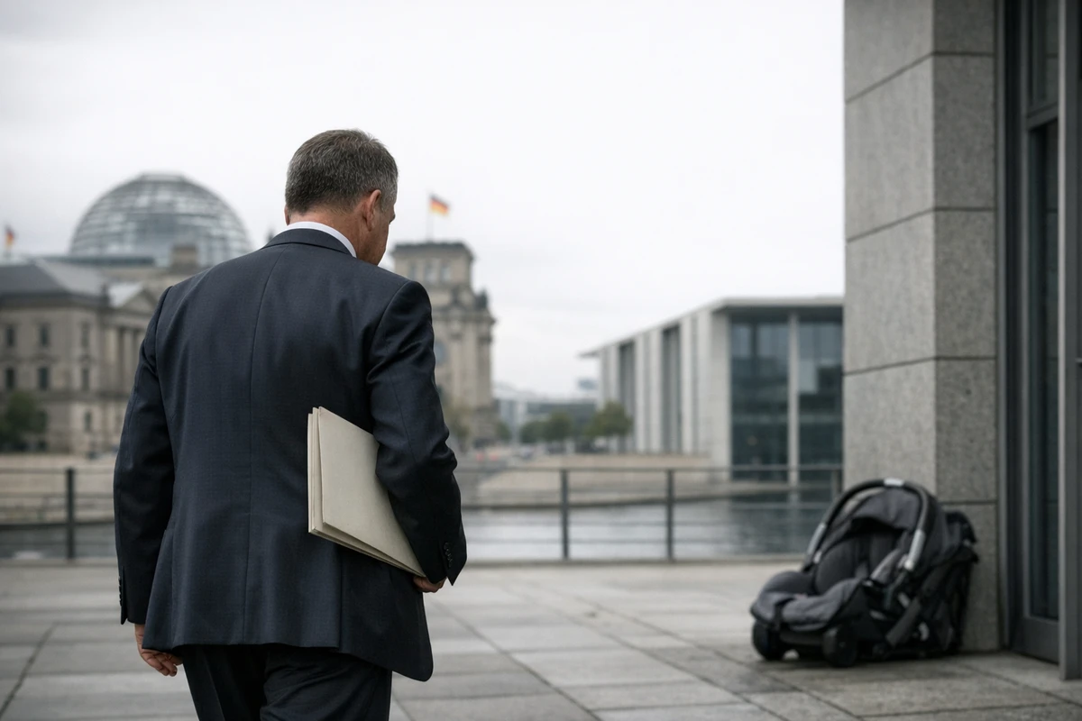 Uomo in abito scuro di spalle con cartellina, vicino al Bundestag; a lato un seggiolino per bambini