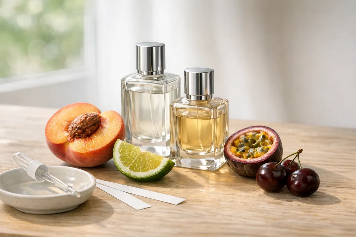 Due flaconi di profumo su un tavolo con pesca tagliata, spicchio di lime, frutto della passione e ciliegie