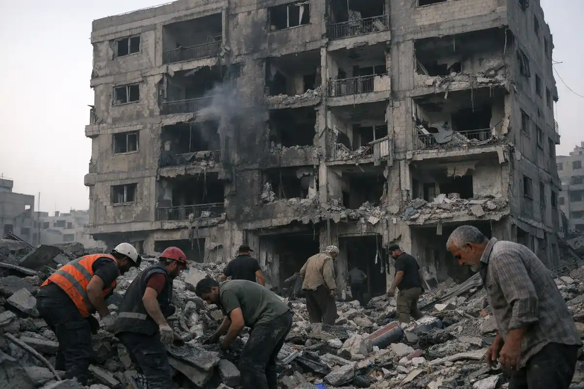 Soccorritori e civili tra le macerie davanti a un palazzo residenziale gravemente danneggiato, con fumo che esce dalle