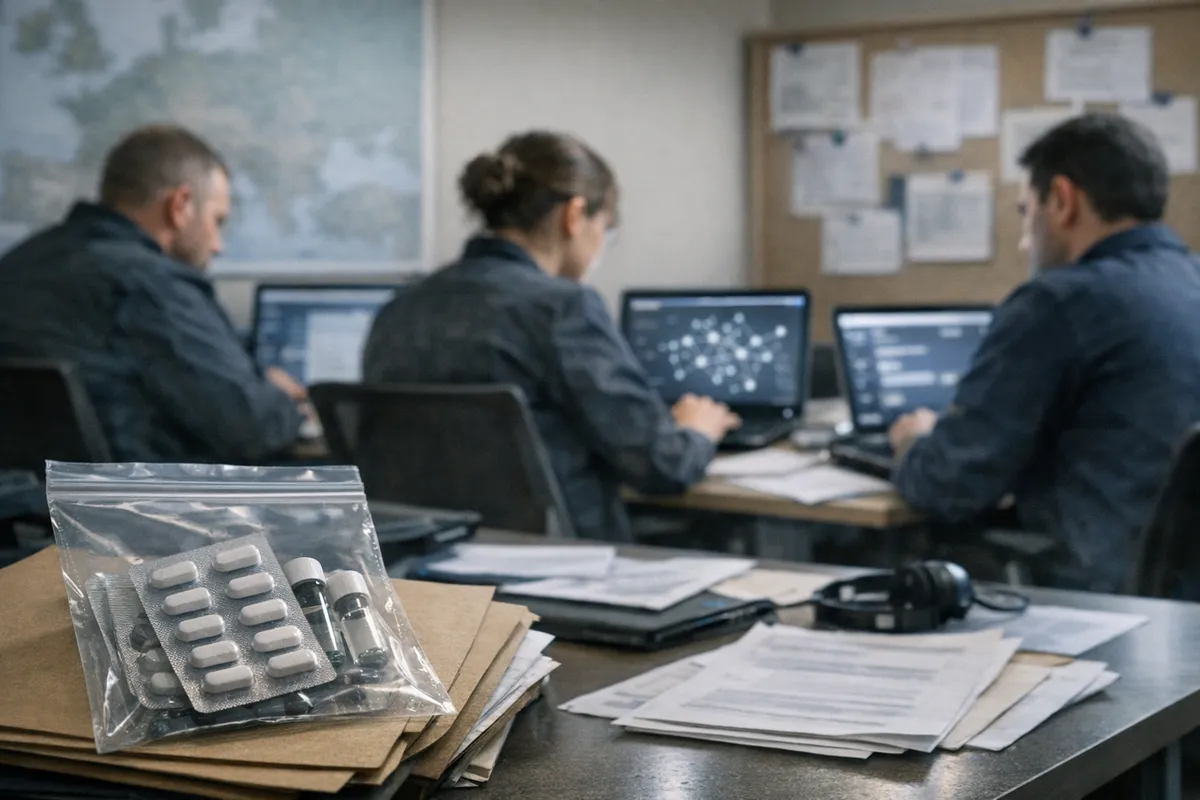 Investigatori in ufficio cybercrime con laptop e documenti; in primo piano sacchetto sigillato con blister di pillole e fiale