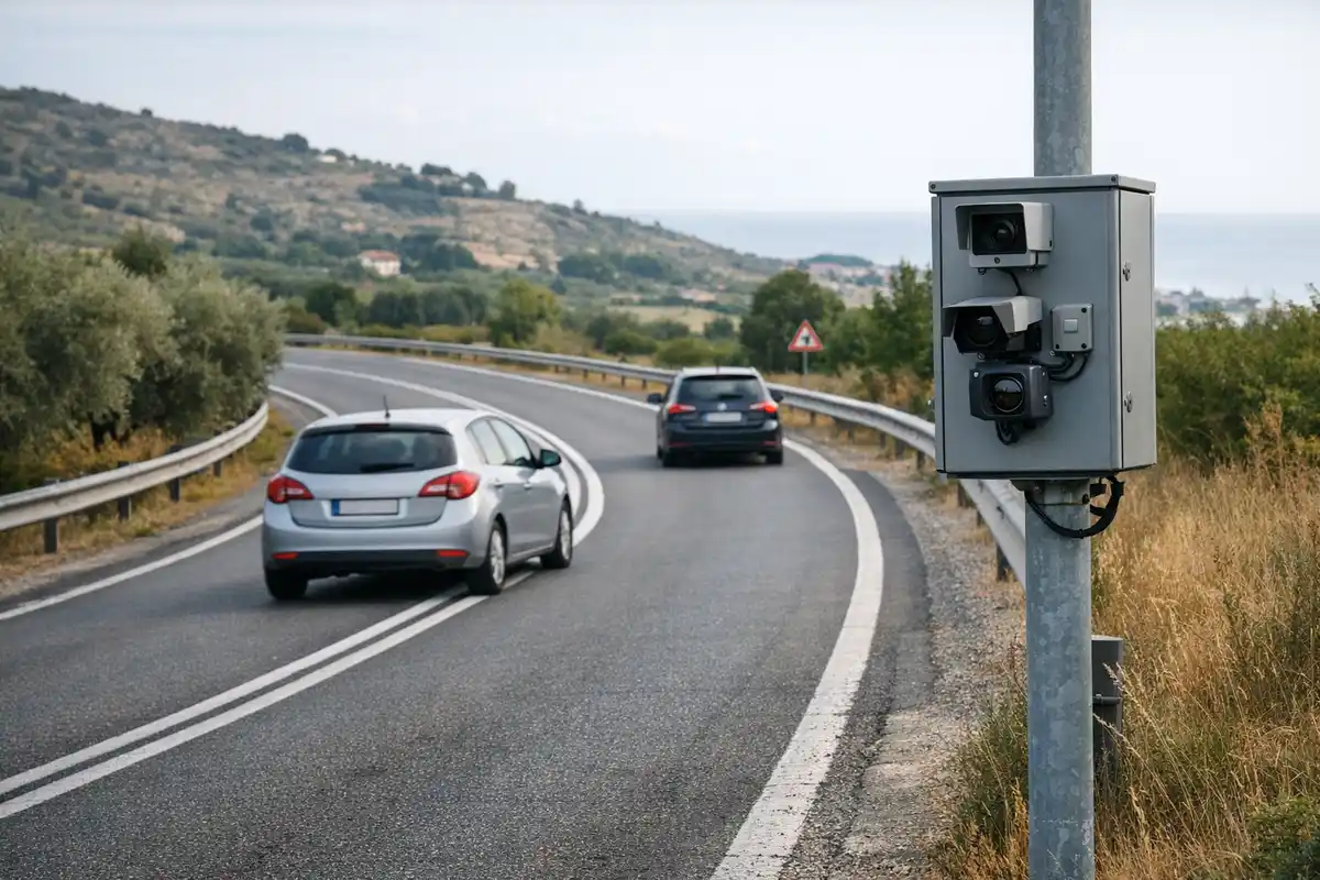 Dispositivo di controllo su palo a bordo strada e due auto su strada extraurbana in curva con doppia linea continua