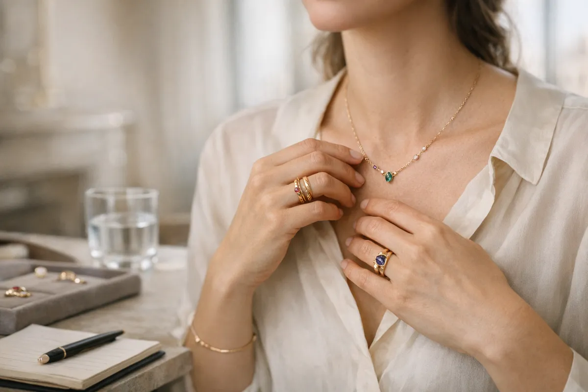 Mani che sistemano una collana d’oro con pietra verde, con anelli e bracciale su tavolo da showroom