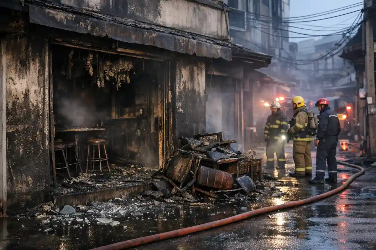 Ingresso di un bar devastato da un incendio, con muri anneriti, detriti e vigili del fuoco su strada bagnata