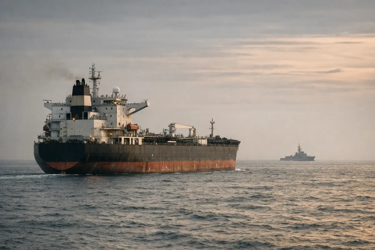 Petroliera in navigazione al tramonto con una nave militare di pattuglia sullo sfondo