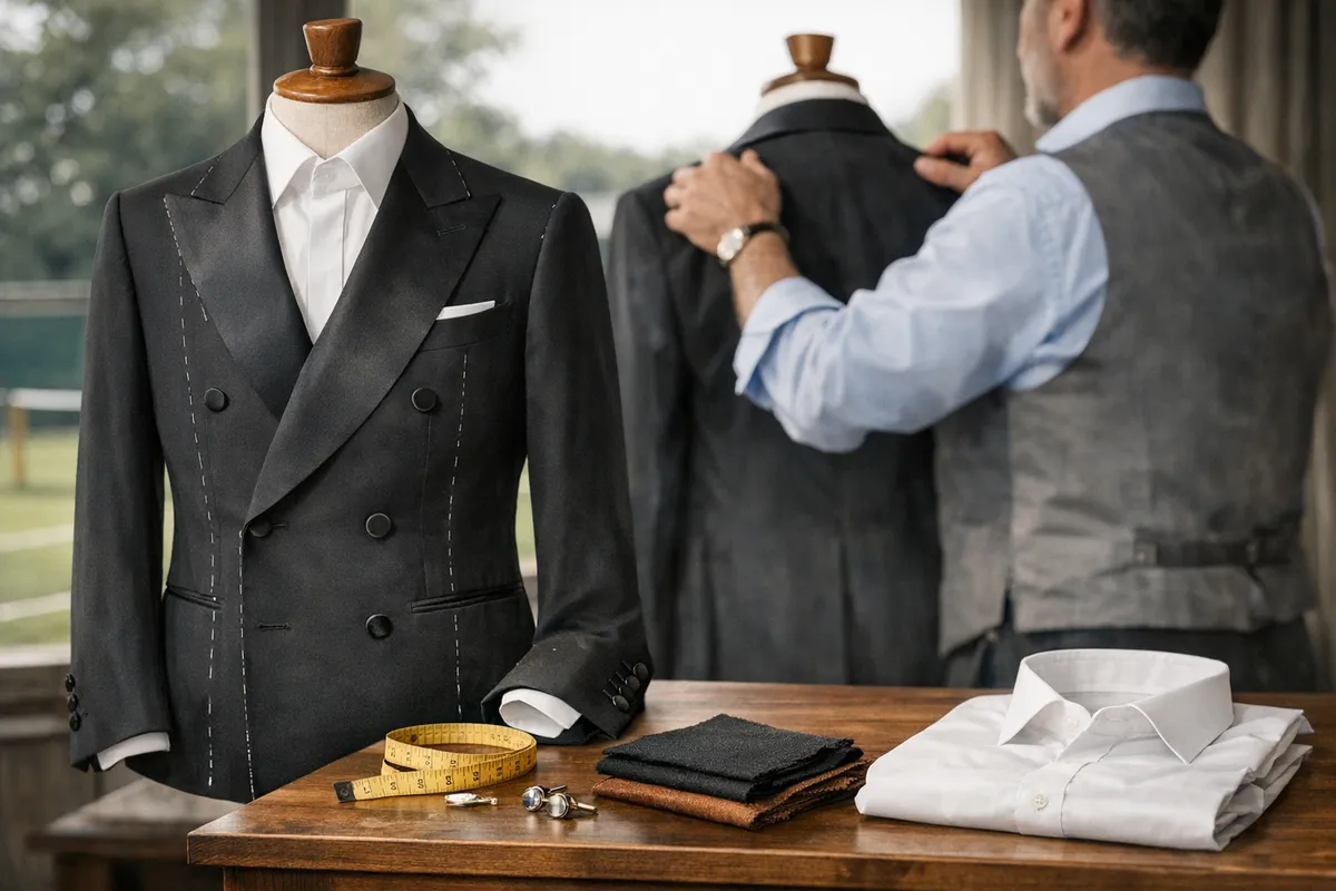 Smoking nero doppiopetto su manichino con imbastiture, nastro da sarta, gemelli, campioni di tessuto e camicia bianca