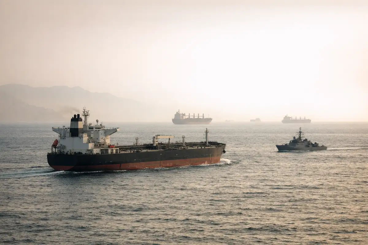Petroliera in navigazione con nave pattuglia militare e altre cargo all’orizzonte in mare velato dalla foschia