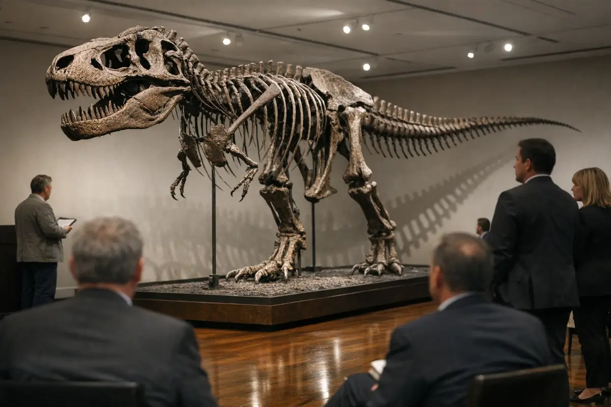 Scheletro montato di Tyrannosaurus rex in una sala d’asta, con persone in abiti formali che osservano