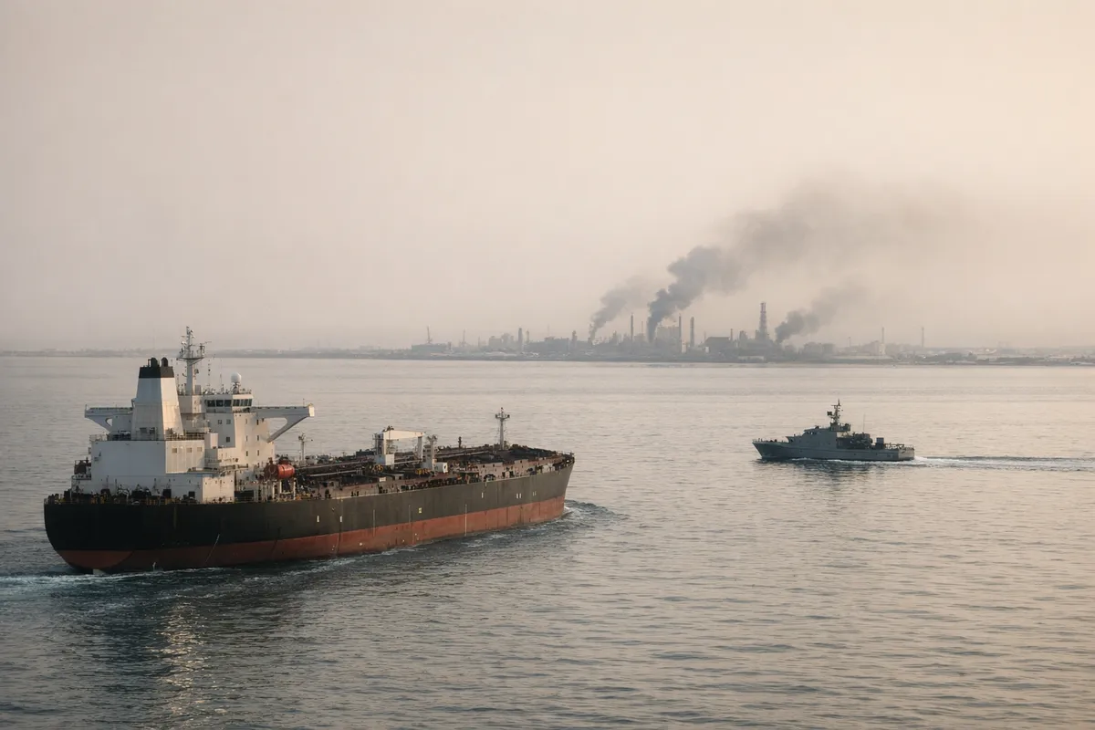 Petroliera in mare con nave pattuglia sullo sfondo e fumo da un’area industriale costiera in lontananza